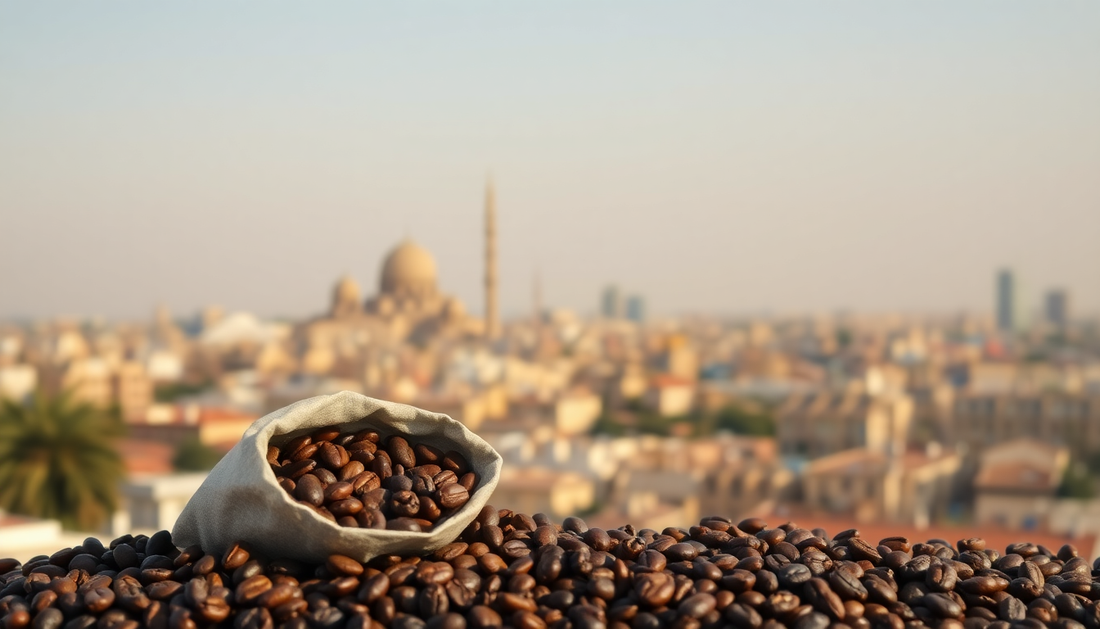 Roasted coffee beans spilling from a cloth sack on a rooftop with blurred city skyline how to store coffee beans for freshness