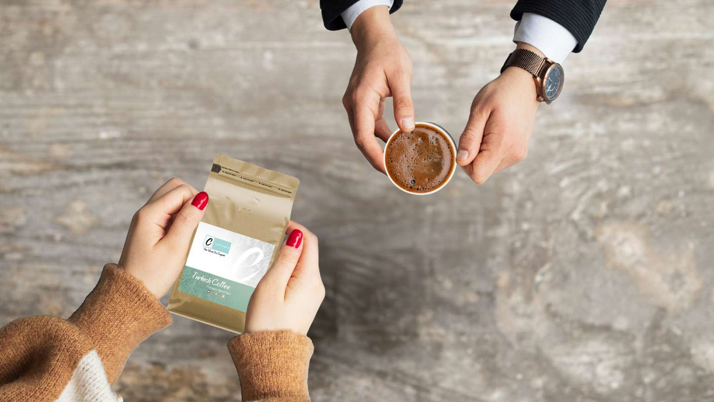 Caffeeegy.Co premium Turkish coffee online packaged with a cup of traditional Turkish coffee being served