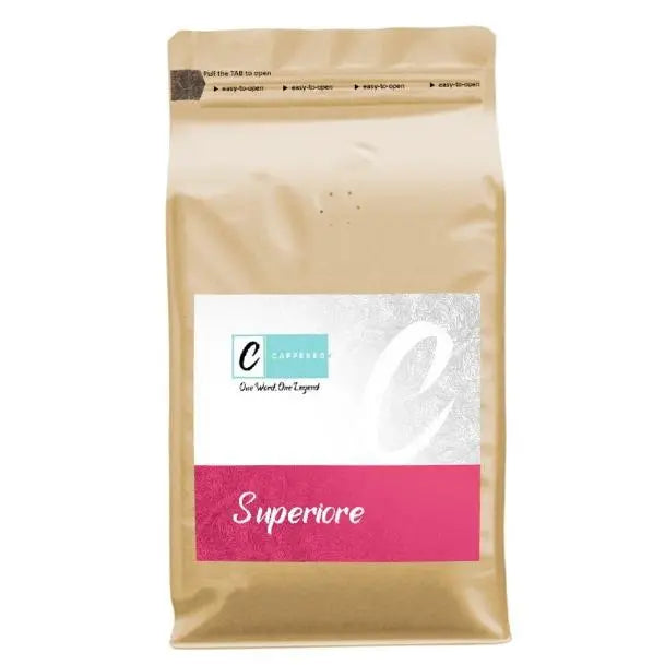 Superiore espresso bag in kraft packaging with white pink label containing locally roasted coffee for rich crema