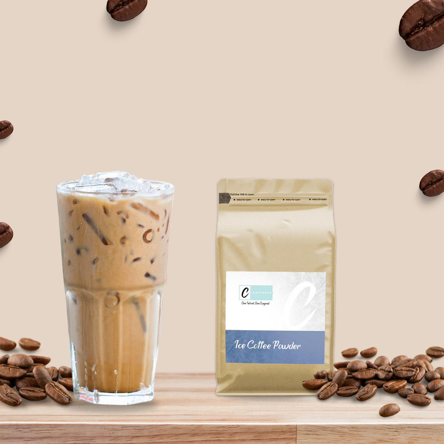 Best ice coffee in Egypt by Caffeeegy Co with iced coffee glass and ice coffee powder bag