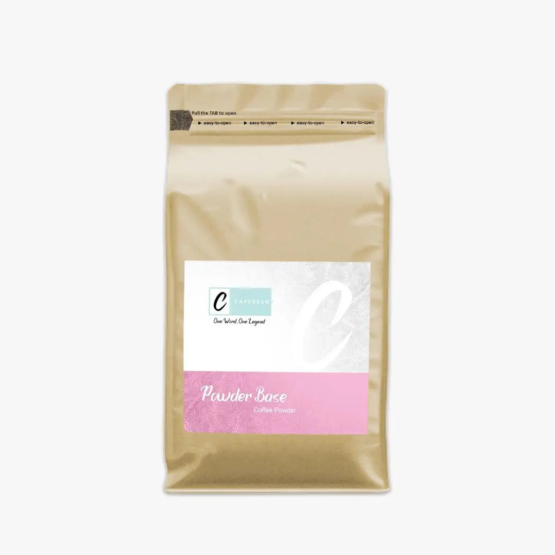Caffeeegy Co premium coffee powder in a beige resealable bag labeled Powder Base