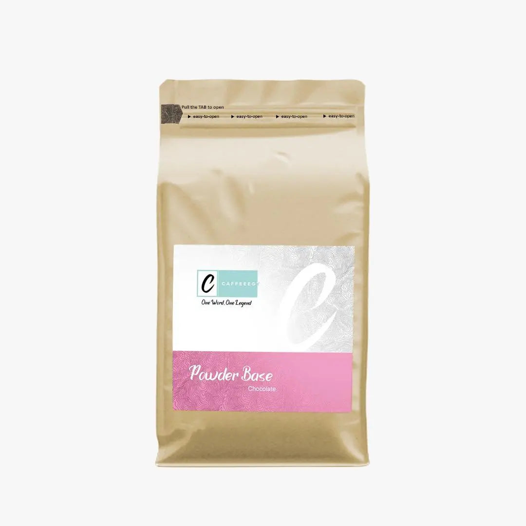 Freshly roasted Caffeeegy.Co premium chocolate powder in a resealable gold bag with pink label for baking and beverages