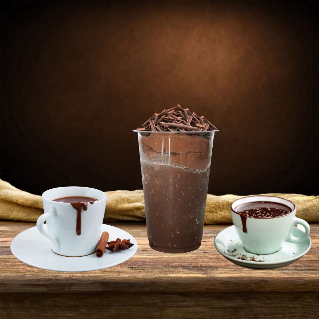 Delicious drinks made with premium chocolate powder served in cups and a clear glass