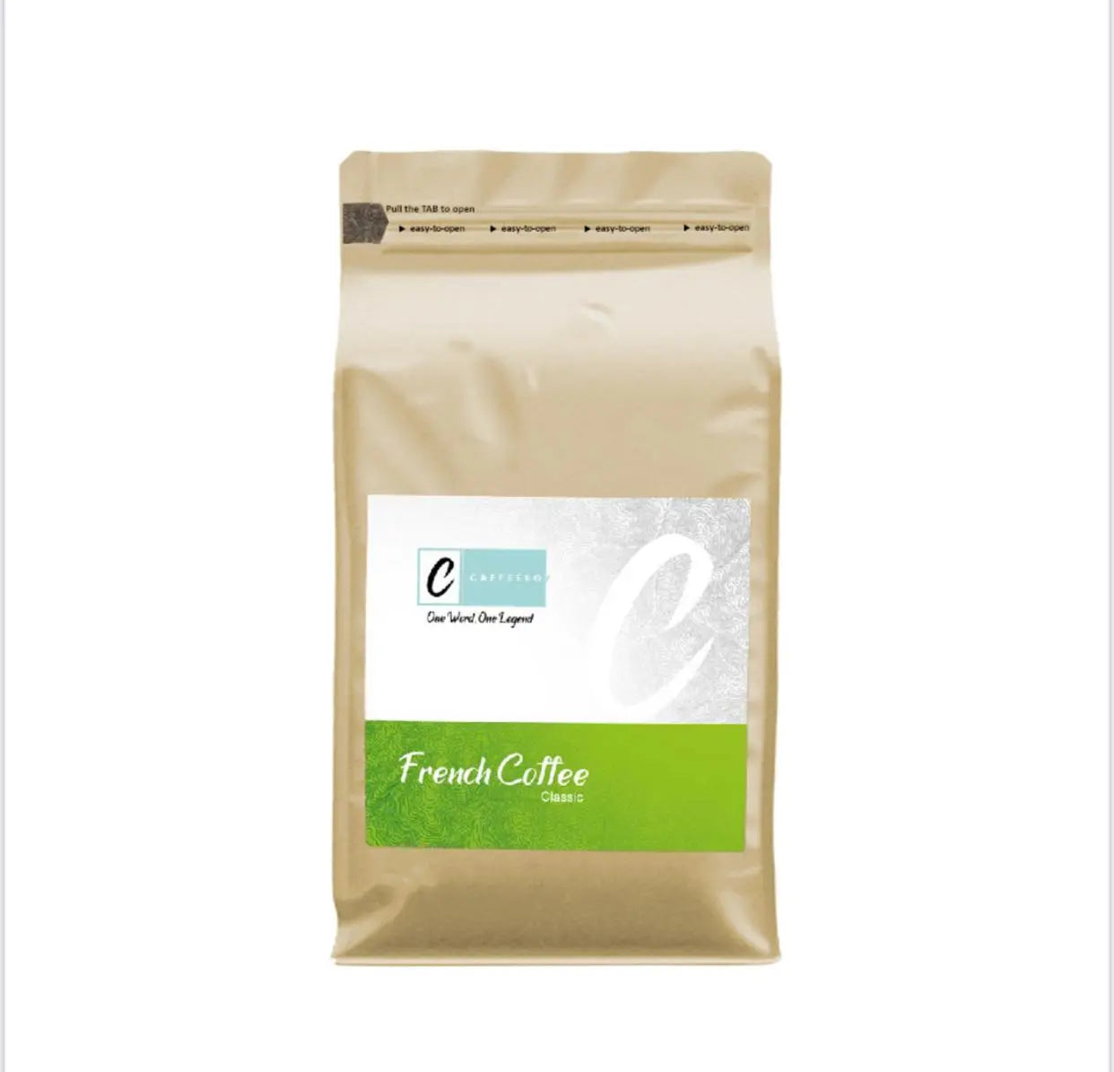 Caffeeegy.Co French classic coffee beans in a gold bag with green label for rich flavor