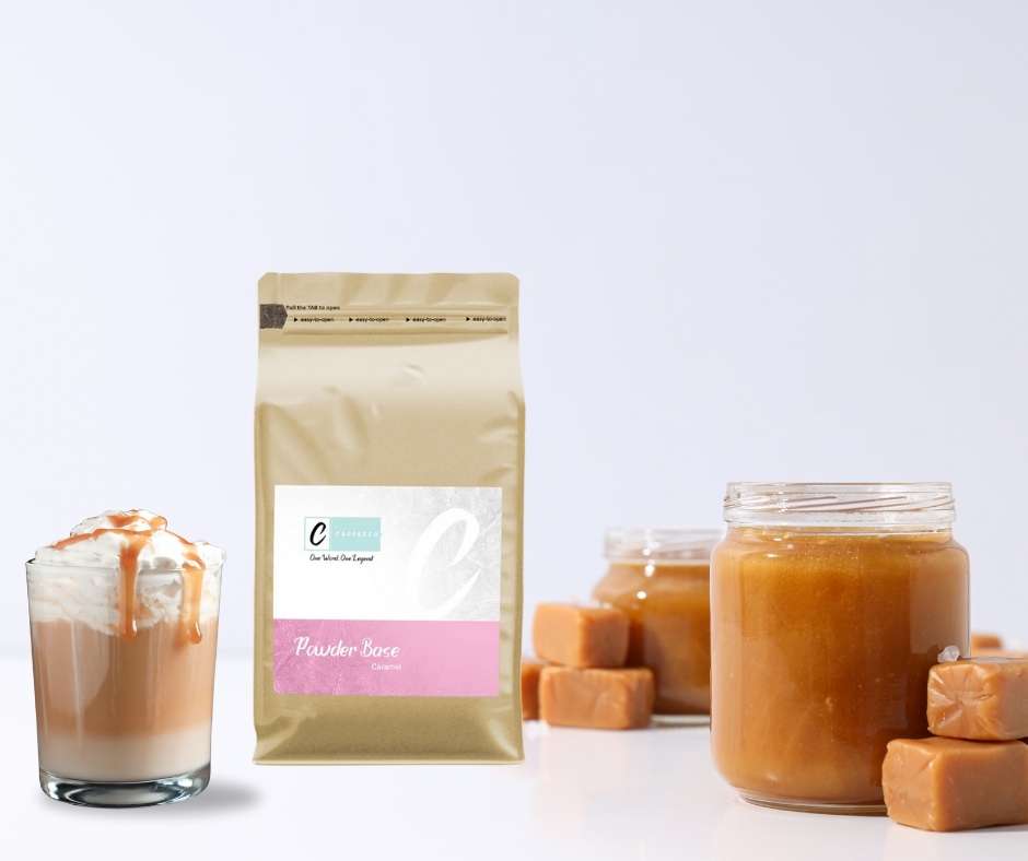 Caffeeegy.Co Powder Base for Handcrafted Caramel Brews in decorative jars with caramel sauce