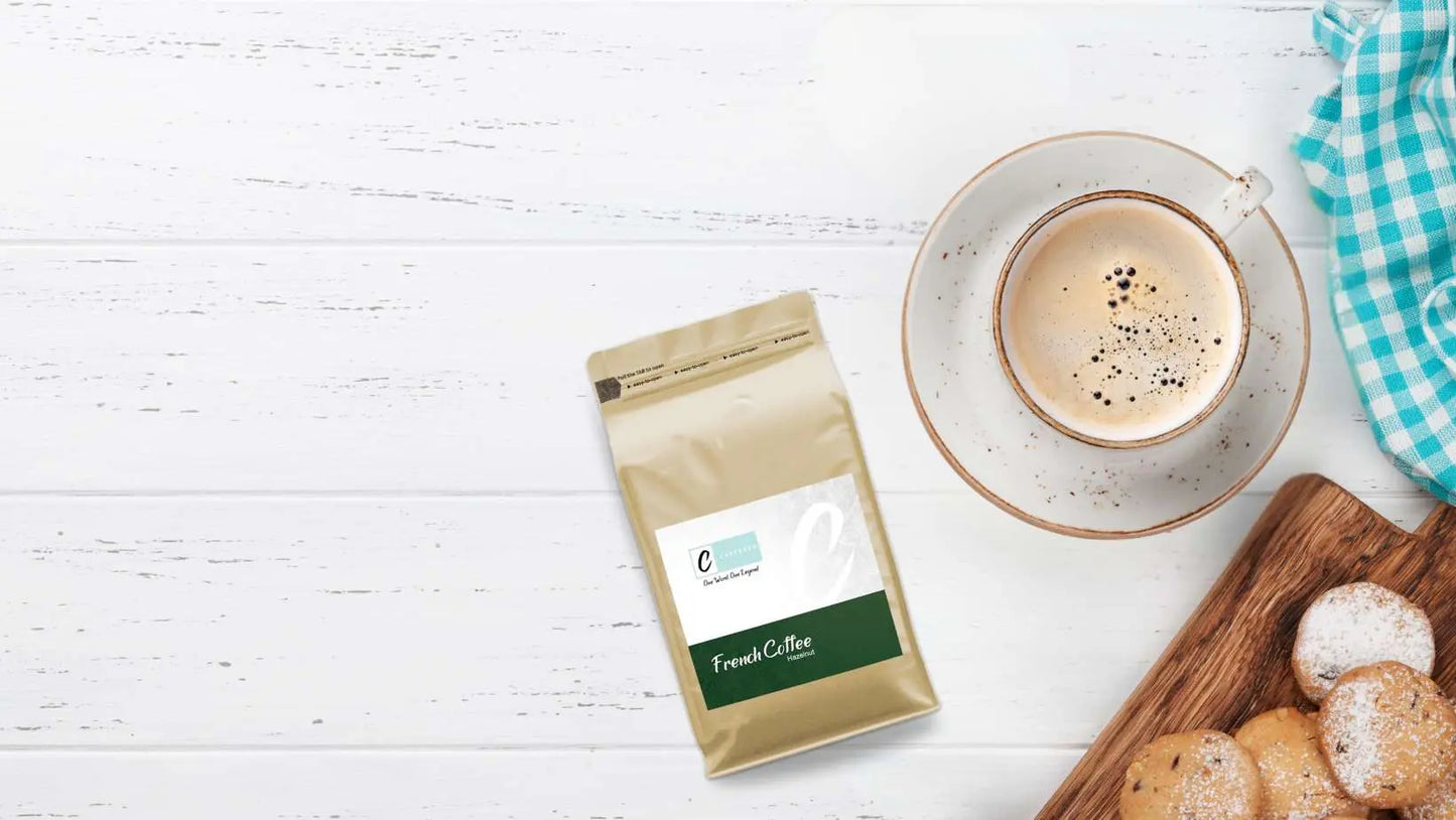 Caffeeegy.Co Hazelnut French Coffee Blend, Medium Roast, 12 oz bag with cup