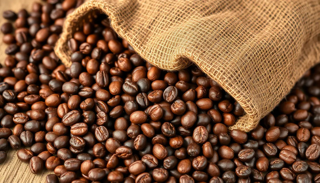 Burlap sack spilling dark roasted coffee beans on wood surface highlighting benefits of freshly roasted coffee beans