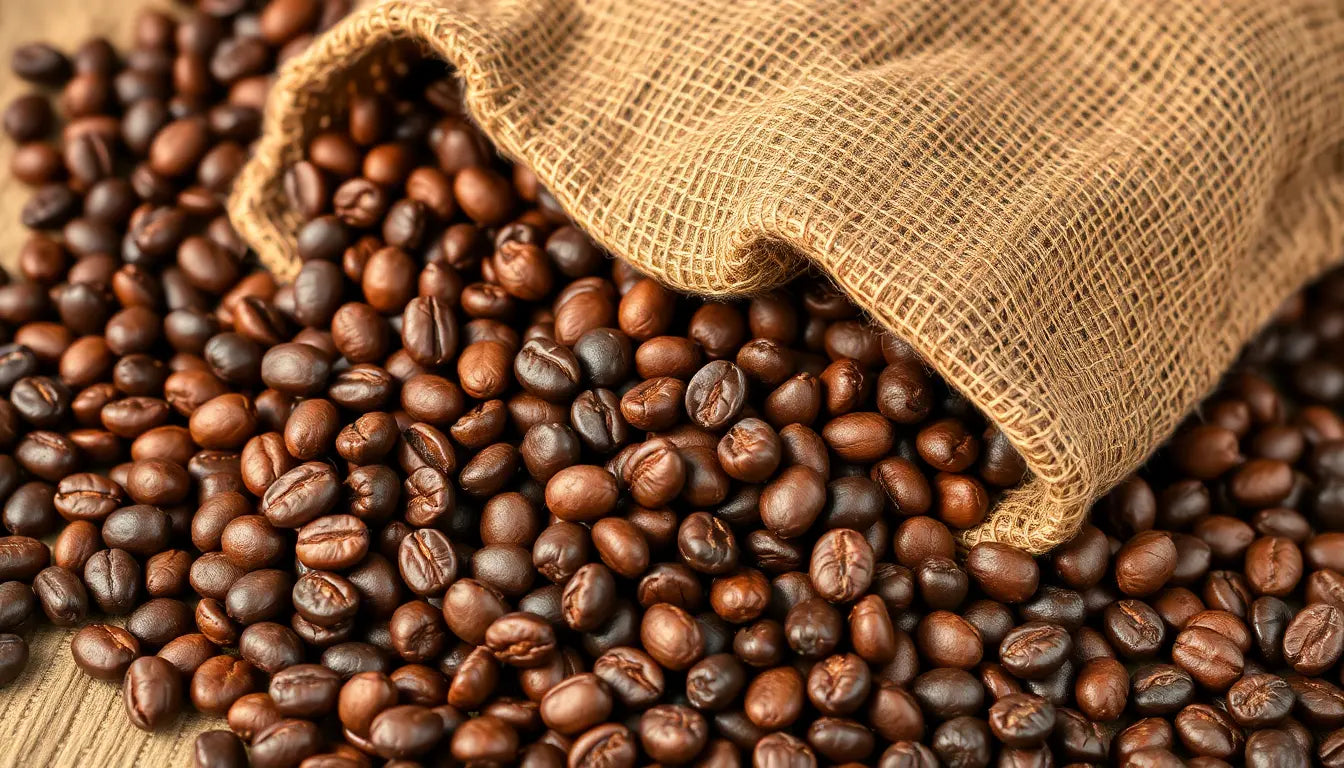 Burlap sack spilling dark roasted coffee beans on wood surface highlighting benefits of freshly roasted coffee beans
