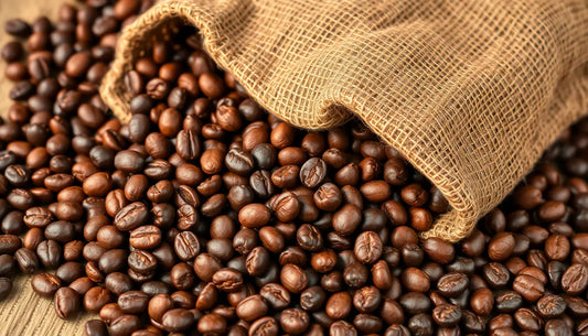 Burlap sack spilling dark roasted coffee beans on wood surface highlighting benefits of freshly roasted coffee beans