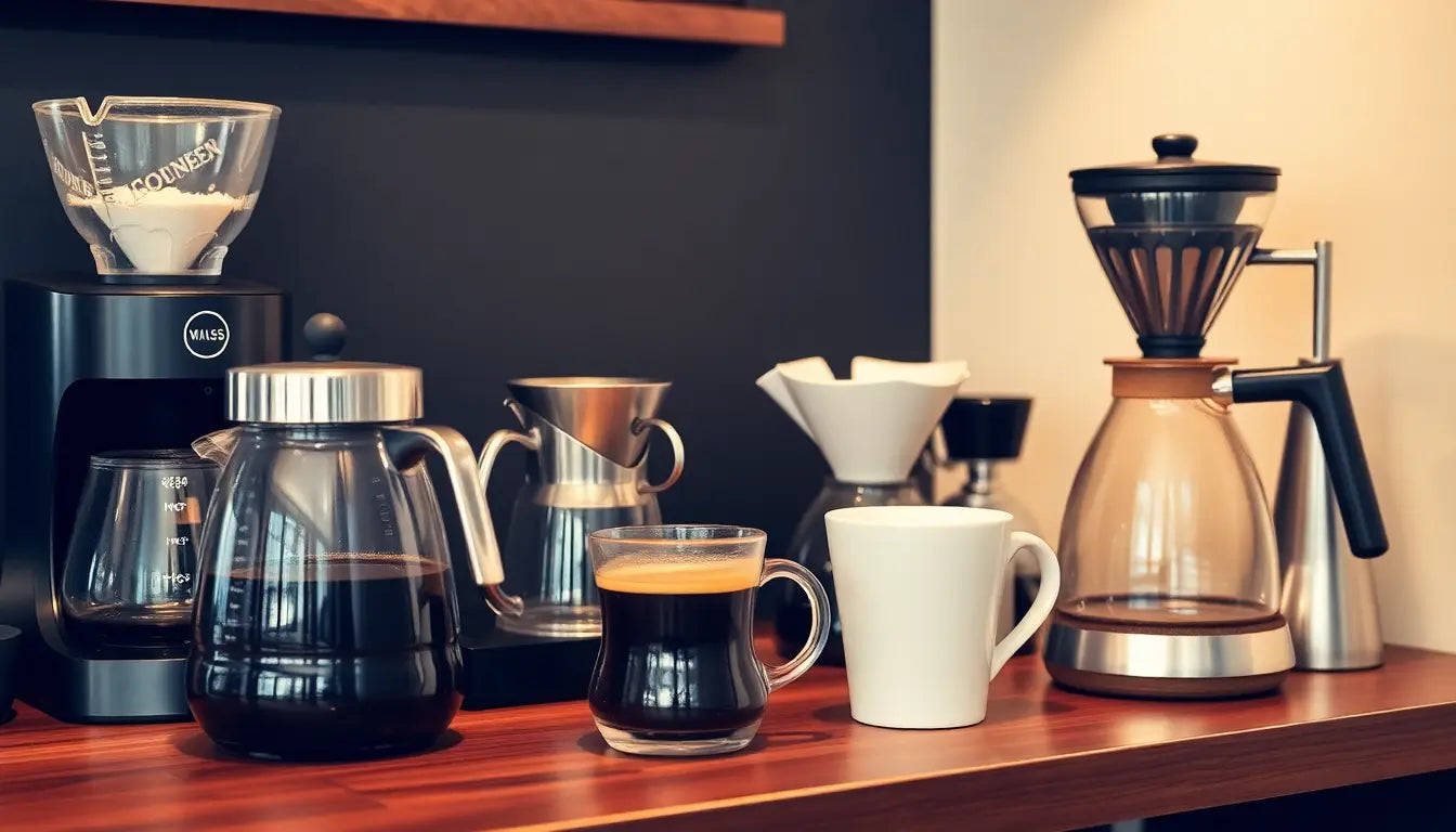 A collection of coffee brewing tools showcasing the best coffee brewing techniques in a stylish kitchen setup