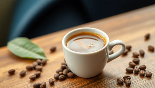 White espresso cup with crema heart on wooden table with scattered coffee beans and leaf what makes Arabica coffee special