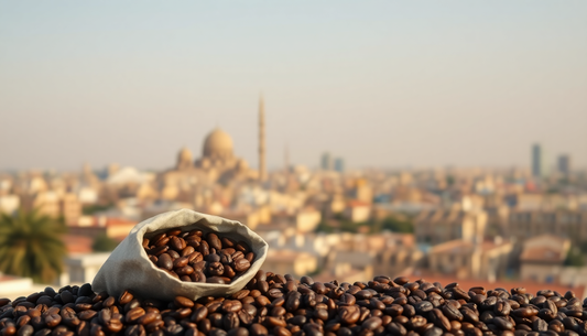 Roasted coffee beans spilling from a cloth sack on a rooftop with blurred city skyline how to store coffee beans for freshness