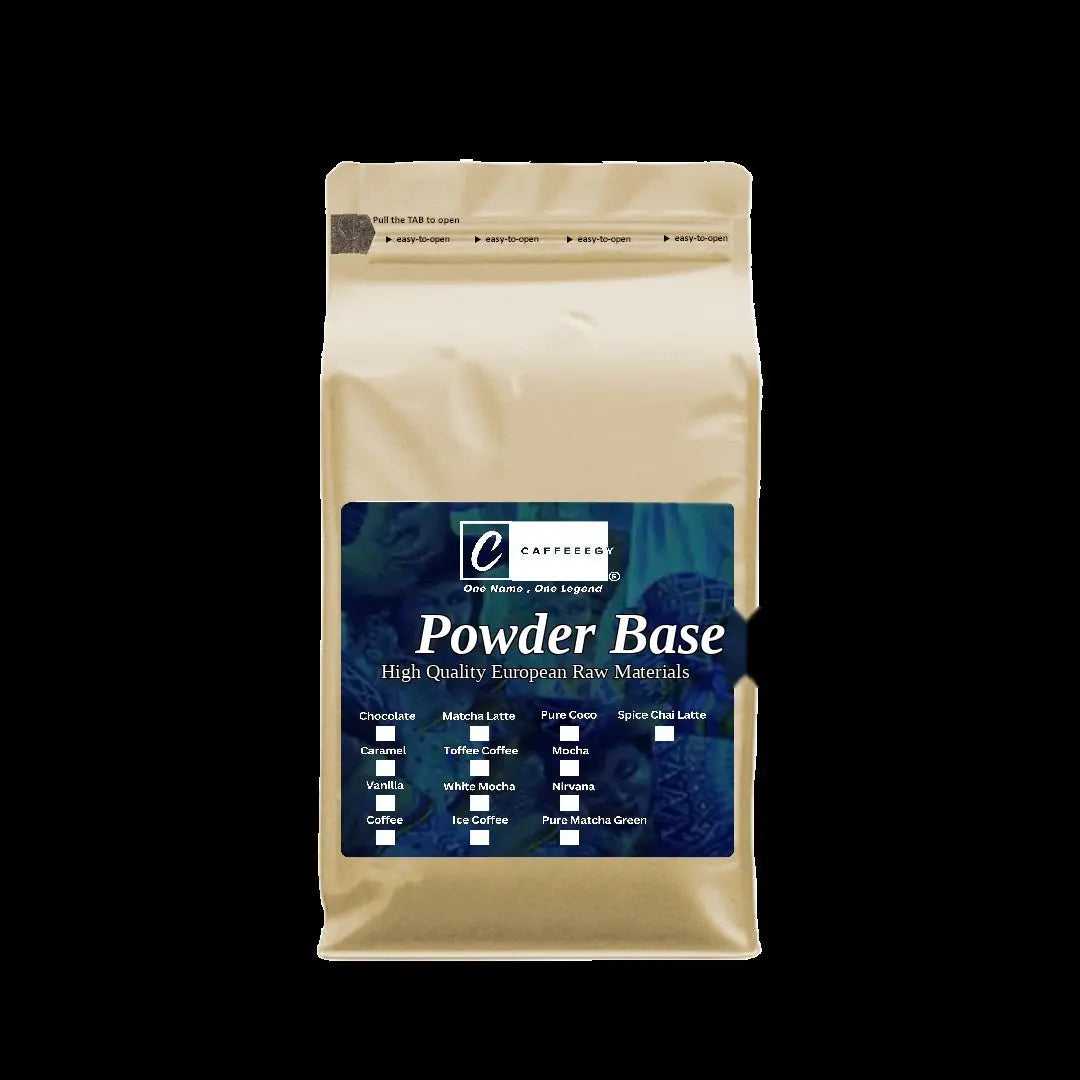 A stand-up pouch of Cappelen Powder Base high quality European raw materials, featuring a beige bag with a dark blue label on a solid black background.