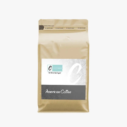Freshly roasted Caffeeegy.Co packaging of freshly roasted American coffee in a beige resealable bag