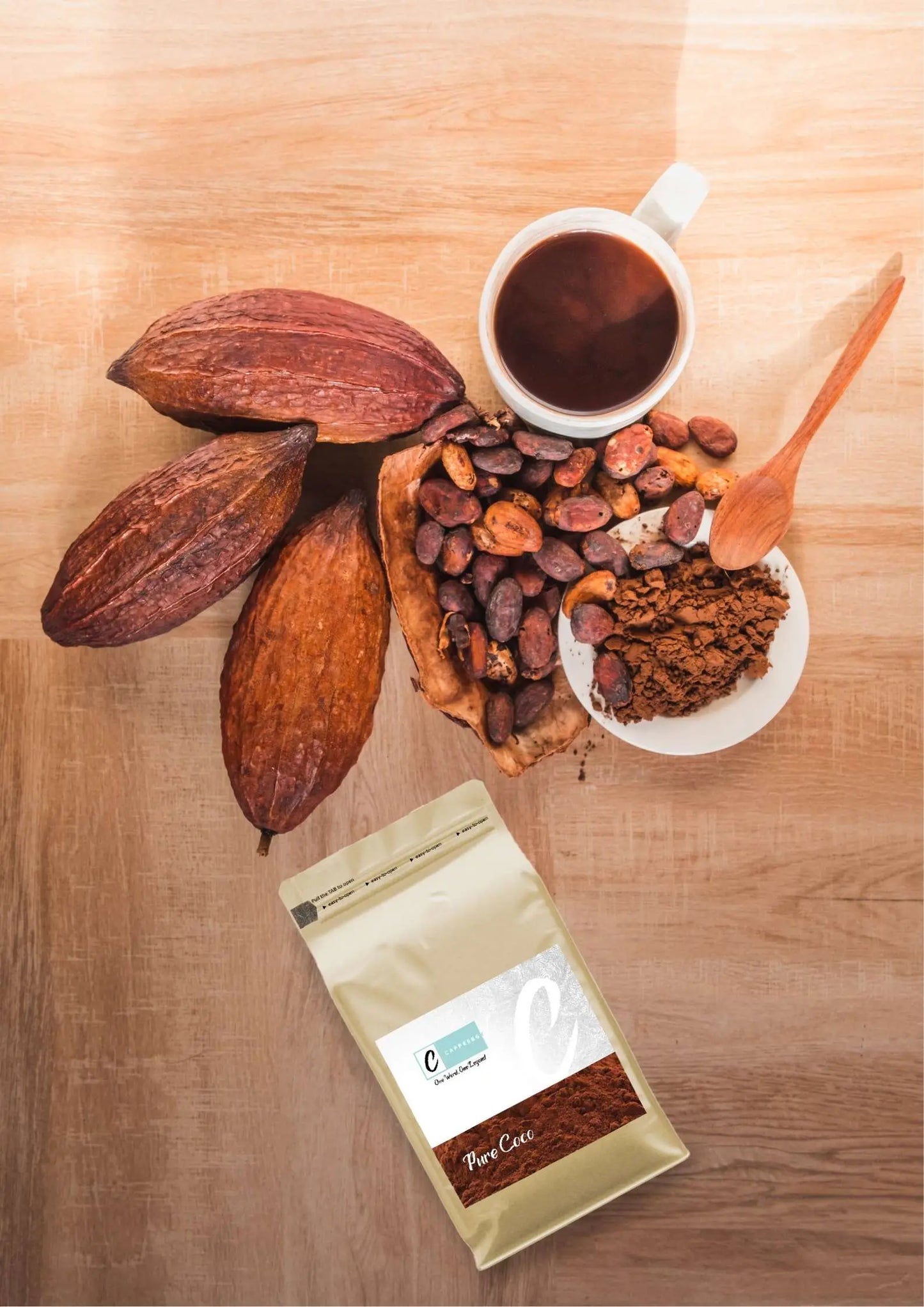 Caffeeegy.Co authentic cocoa flavors powder with cocoa pods and drink