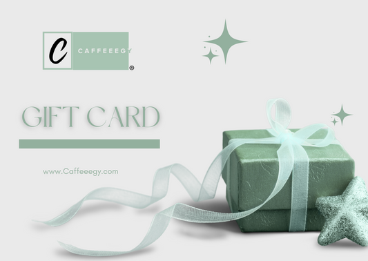 Mint green Caffeeegy gift card image with wrapped present, ribbon and star ornament on light background