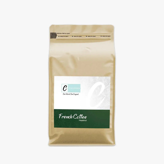 Freshly roasted Caffeeegy.Co French Coffee bag with freshly roasted hazelnut coffee beans in sealed kraft packaging