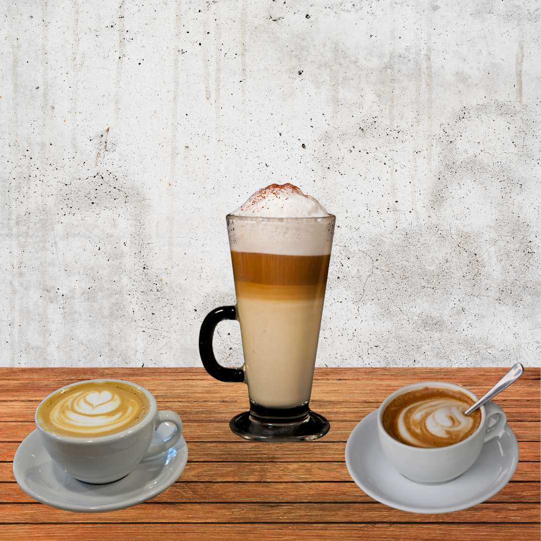Three espresso drinks including a latte and cappuccino showcasing Caffeeegy.Co premium espresso coffee blend