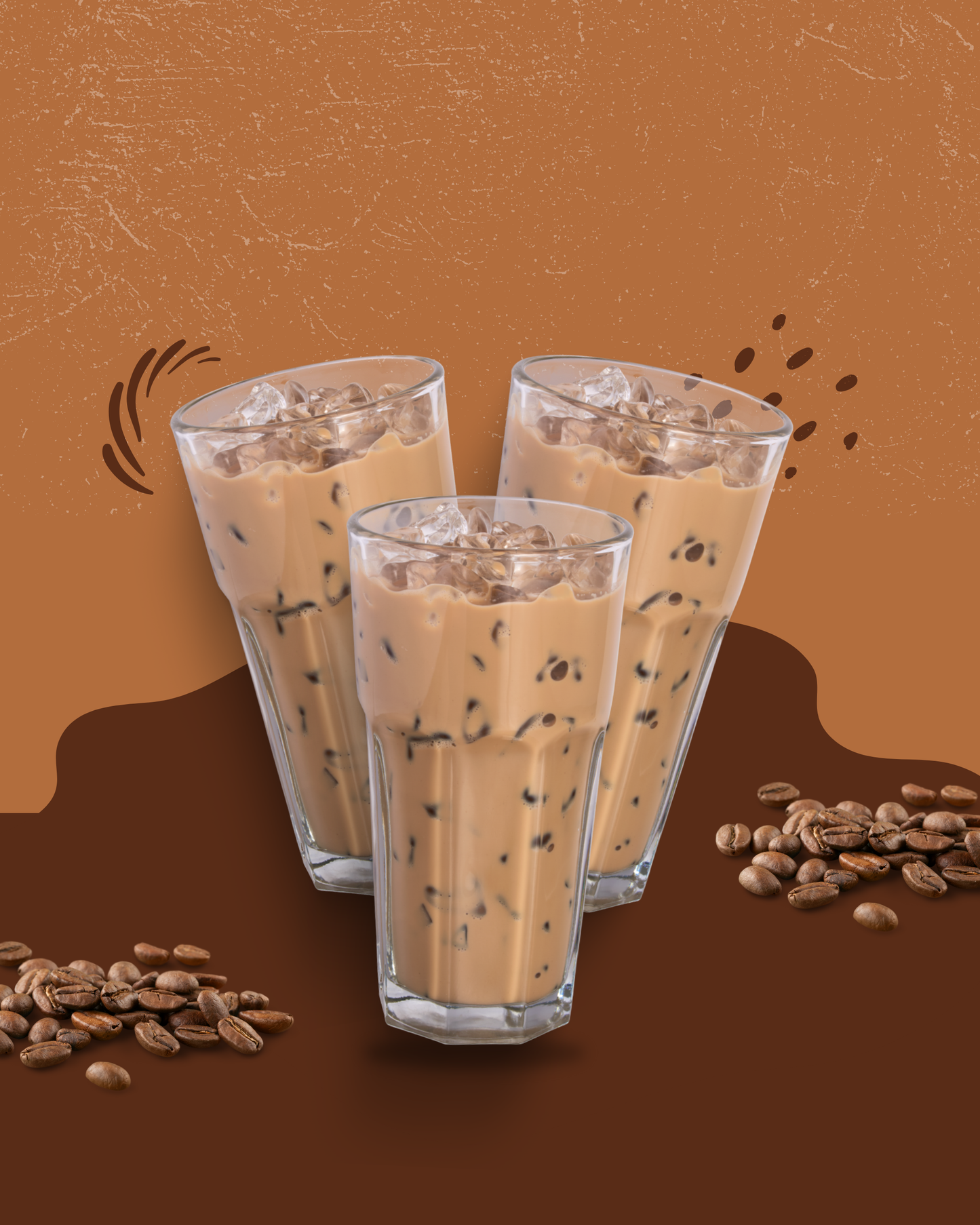 Three glasses of best ice coffee in Egypt with ice cubes and coffee beans on brown background
