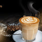 Delicious latte art in a glass cup made with premium coffee powder served with a chocolate brownie