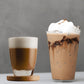 Two drinks with handcrafted mocha coffee mix, one hot in a glass and one iced with whipped cream
