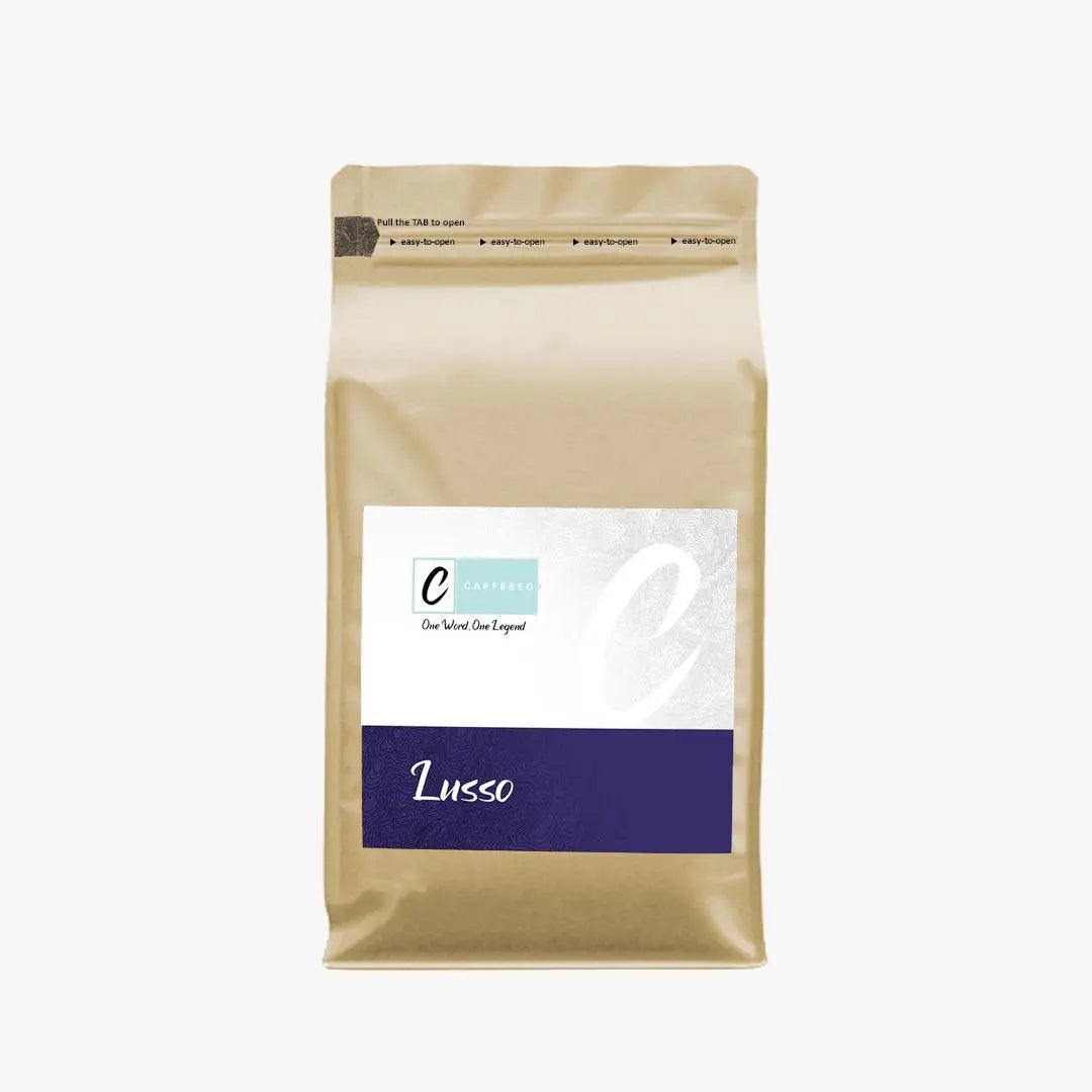 Lusso espresso, dark roast, rich flavor, 12 oz bag of freshly roasted coffee beans
