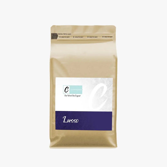 Lusso espresso, dark roast, rich flavor, 12 oz bag of freshly roasted coffee beans