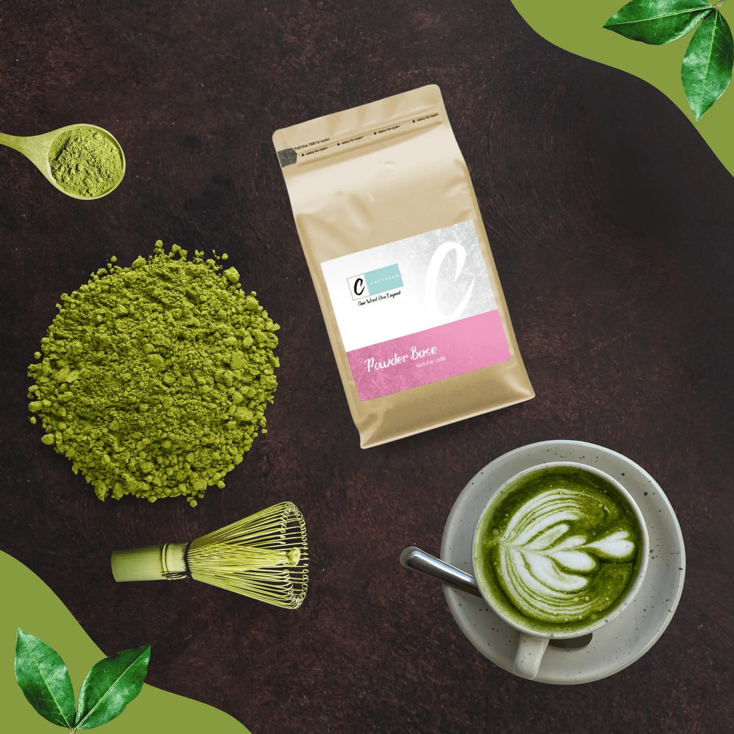 Caffeeegy.Co premium matcha latte powder with a cup of matcha and whisk