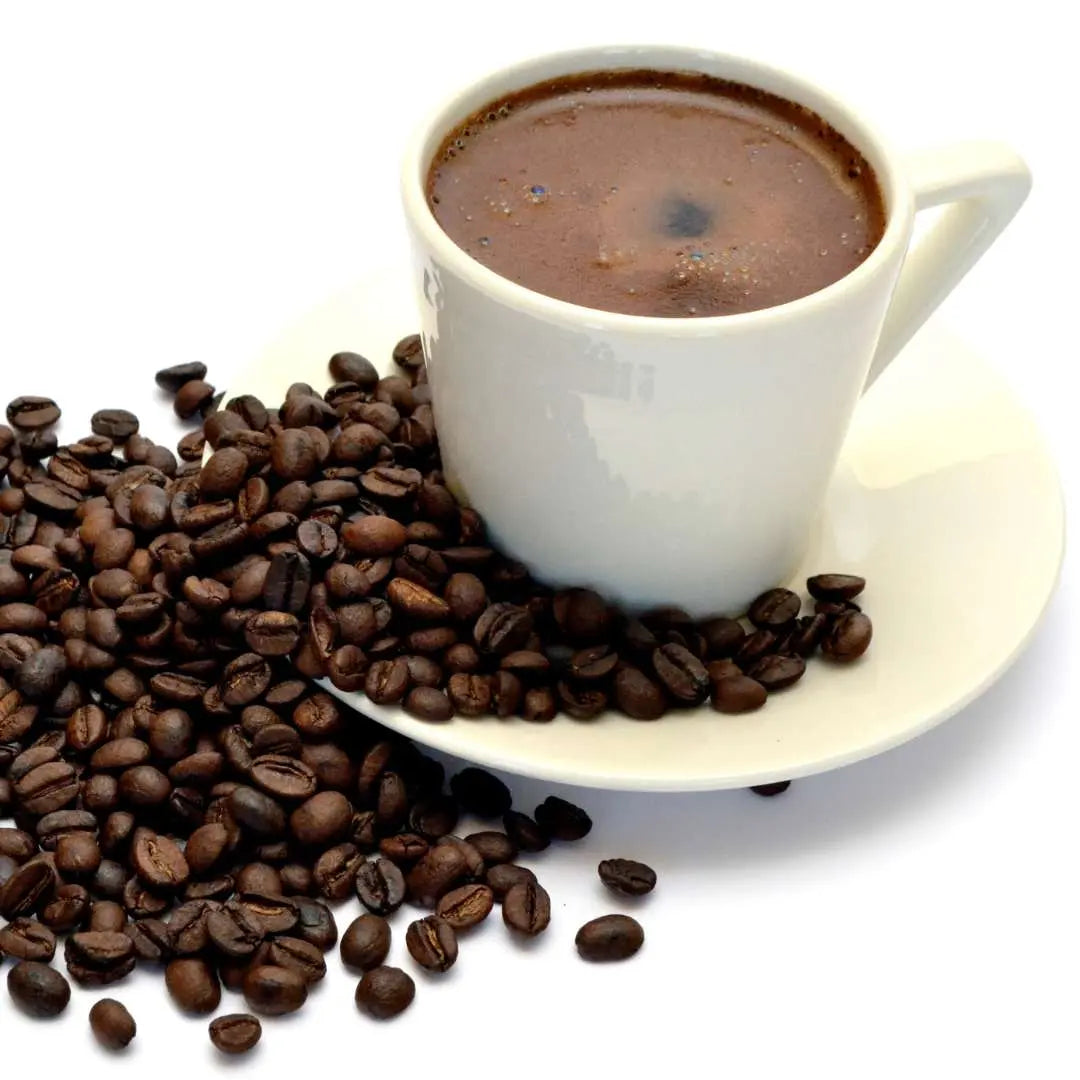Caffeeegy.Co freshly roasted Turkish coffee beans with rich flavor, served in a white cup